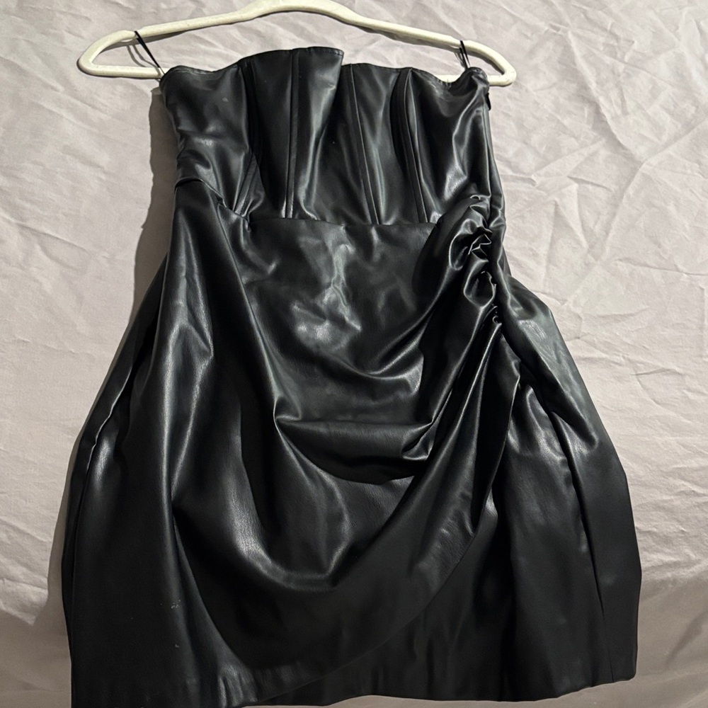 Zara Leather Black Strapless Dress